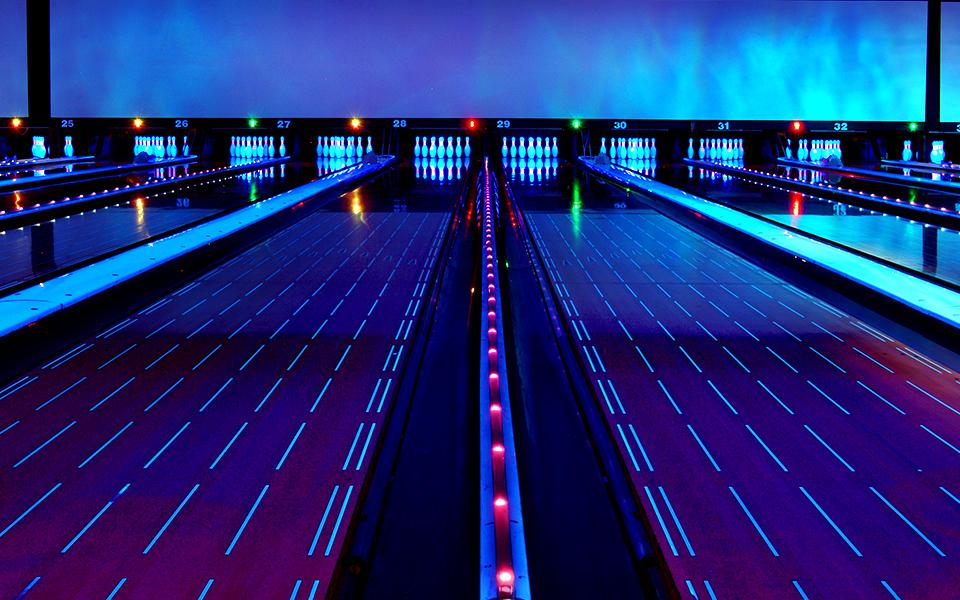 Blacklight lit bowling lanes 