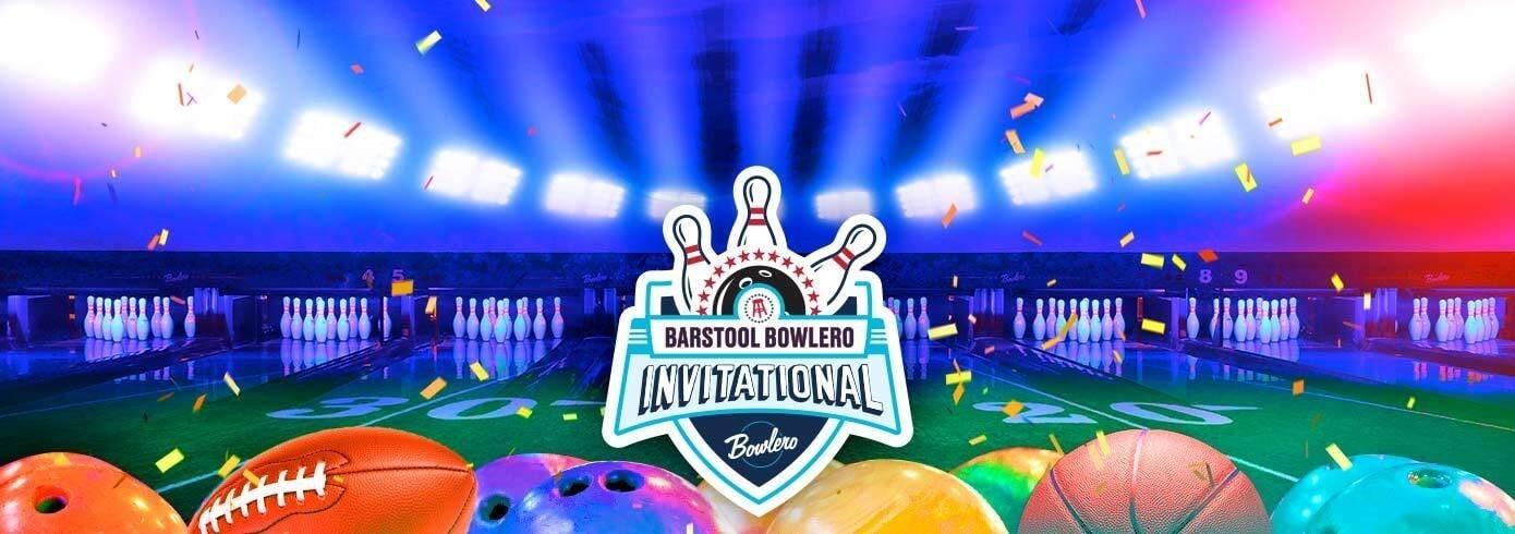 Barstool Bowlero Invitational Logo in front of colorful sports-themed background