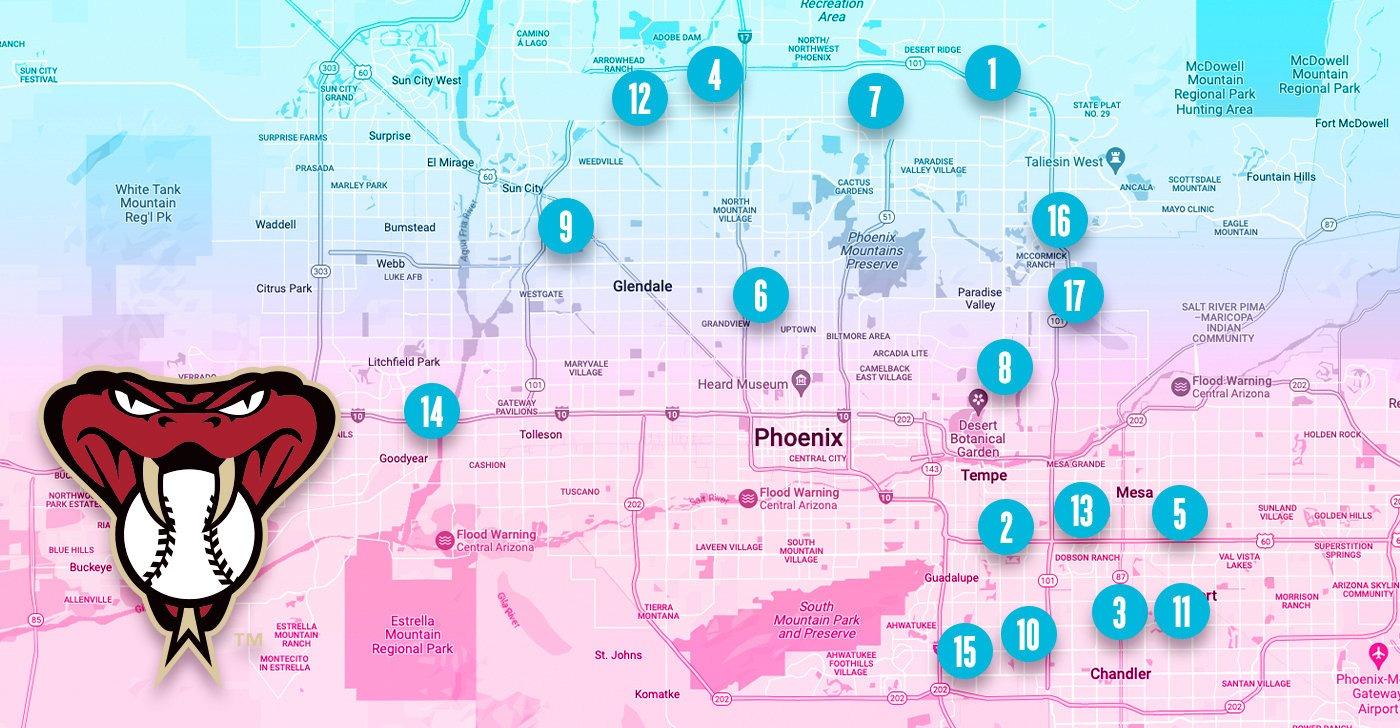 Map showing Bowlero and AMF Phoenix-area locations