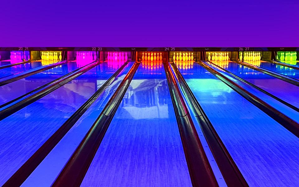 Blacklight lit bowling lanes