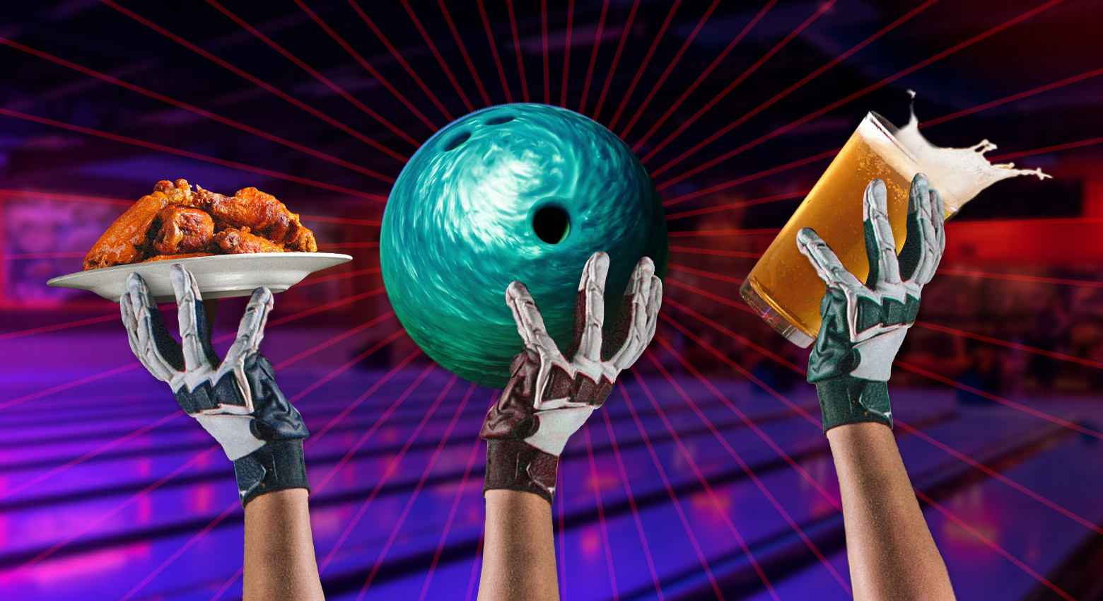 Hands holding wings, bowling ball, and beer in the air